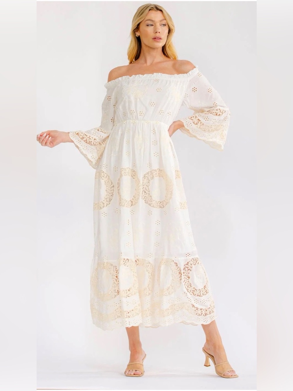 A472. Boho Off-Shoulder White & Cream Eyelet Maxi Dress